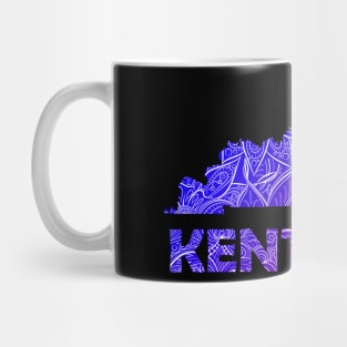 Colorful mandala art map of Kentucky with text in blue and violet Mug